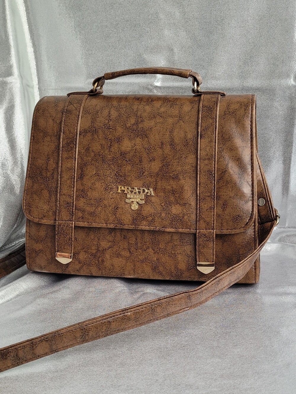 Vintage Brown Texture Print Shoulder Bag with Top Handle